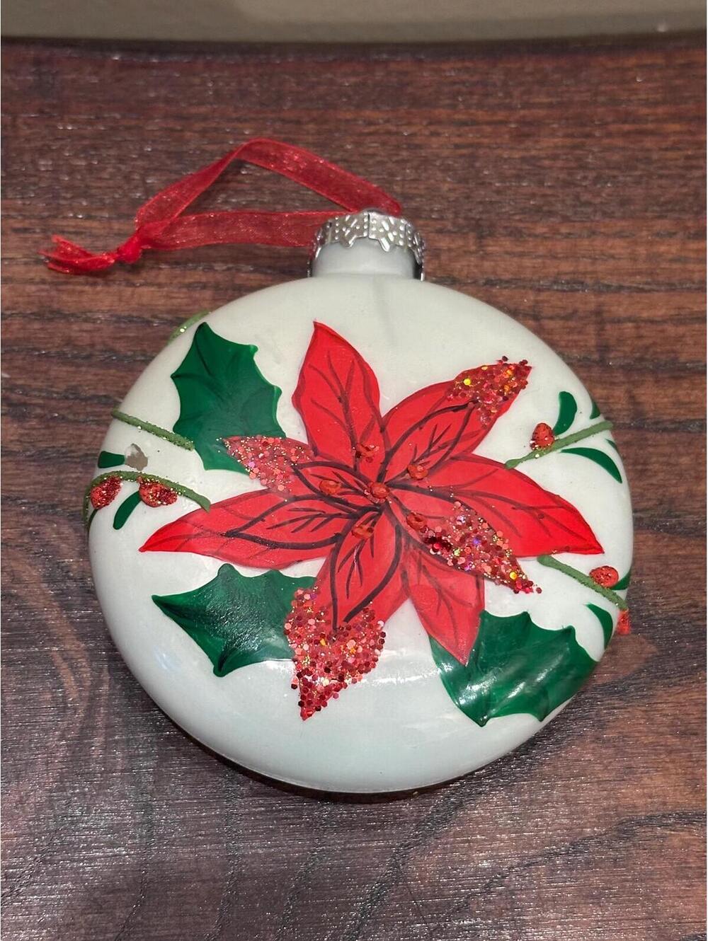 White Round Glittery Poinsettia Ornament